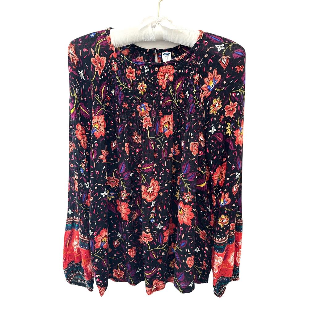 OLD NAVY | Black Multicolor Floral Boho Peasant Blouse Top | Small